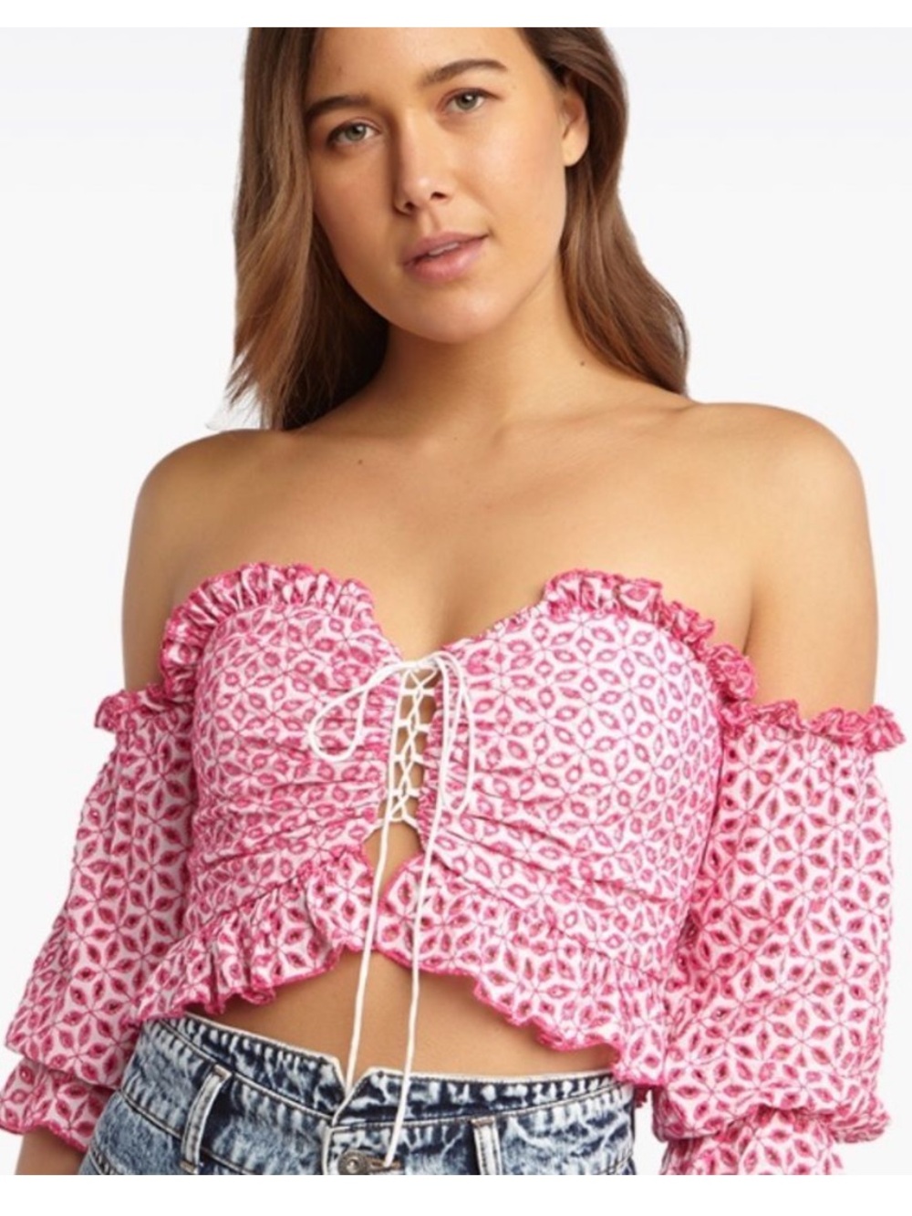 Bardot The Orella Top in Pink Eyelet Crop  Lace up Corset Sz 6 Small